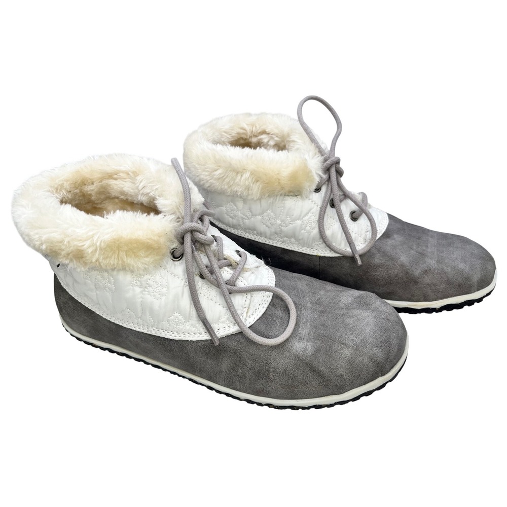 Minnetonka Womens 9M Tega Duck Ankle Boots Lace Up Grey‎ Quilted Faux Fur Lined
